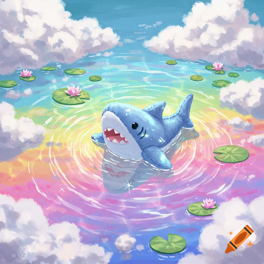 A blue shark plushie floats in iridescent rainbow water with lily pads and clouds, in a whimsical, dreamy style.