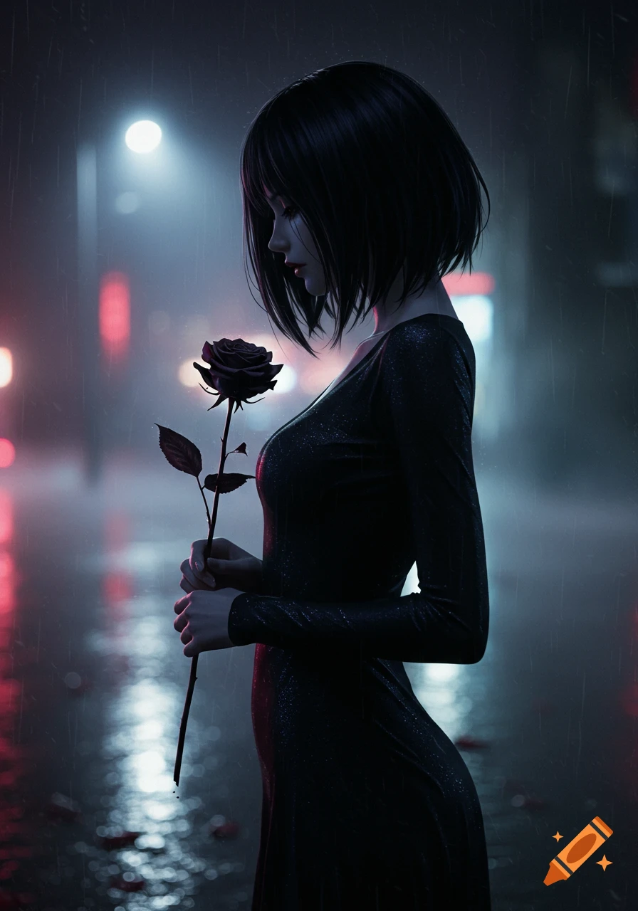Realistic anime girl with short black hair, in a black dress, holding a dark rose, standing in profile against a neon-lit rainy night city background.