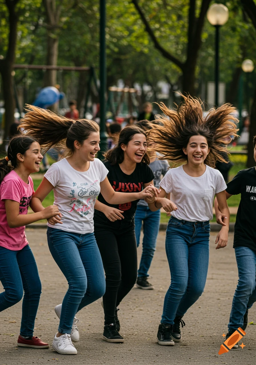 Photorealistic image of several tween girls running and laughing with their hair flying in a park.