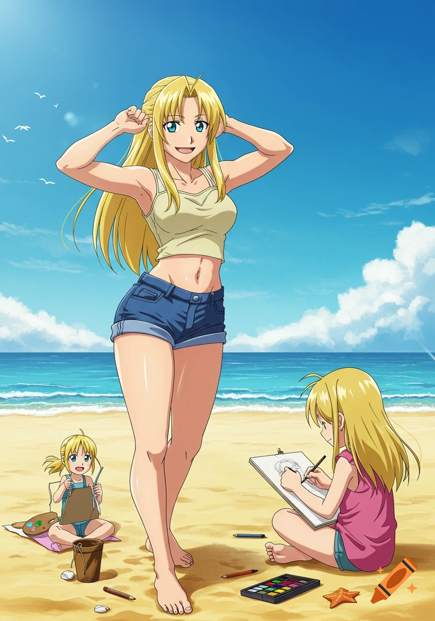 Anime depiction of Winry Rockbell flexing at a sunny beach while two children draw and paint nearby.
