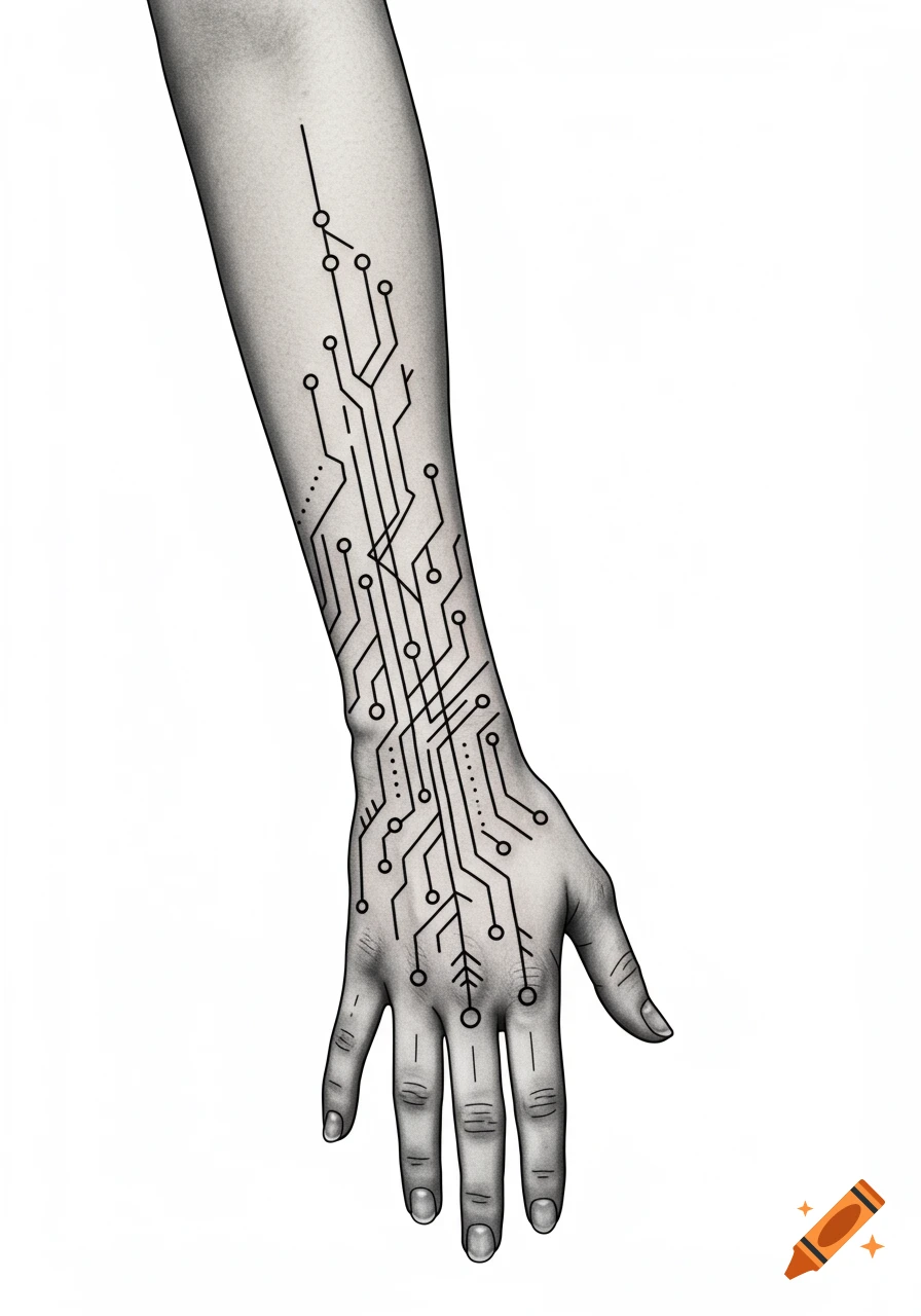 A black and white minimalist circuit board tattoo design on an arm and hand, extending to the index finger.