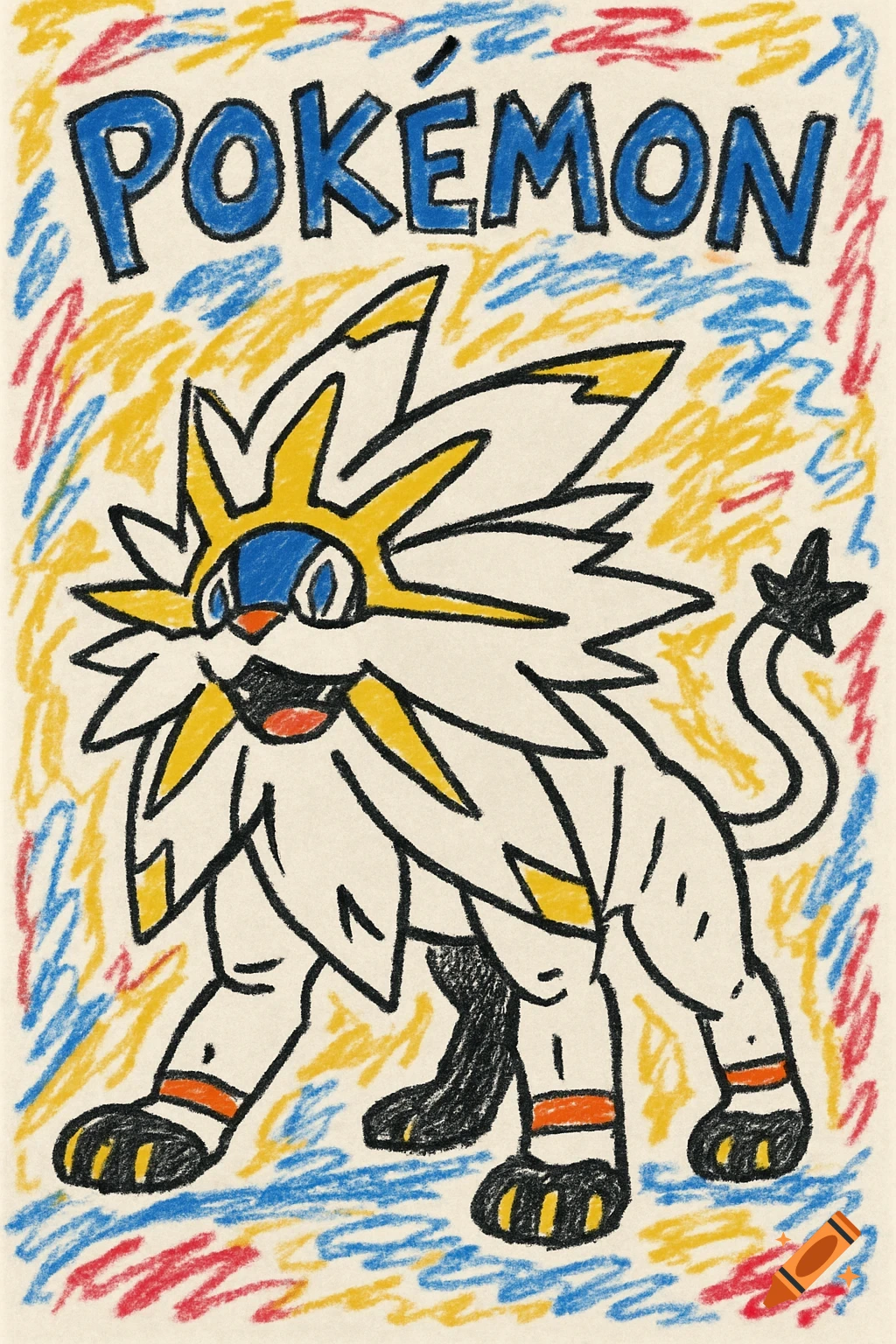 A stylized, crayon or marker drawing of Solgaleo from Pokemon, with the word POK EMON in blue text at the top.
