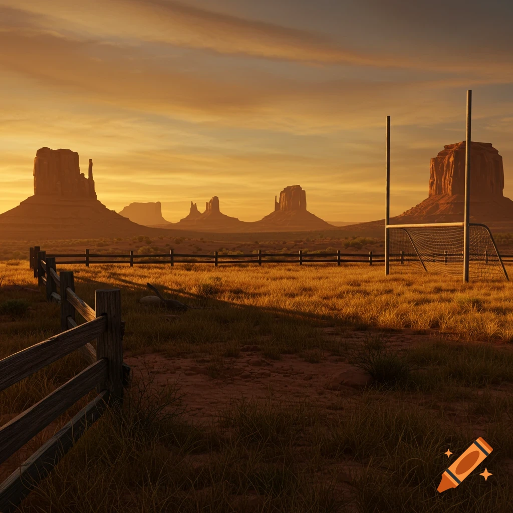 A soccer goal stands in a vast, sunlit desert landscape with large rock formations and a wooden fence.