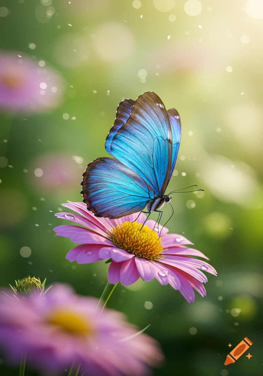 A vibrant blue butterfly with open wings rests on a pink daisy flower with water droplets. Soft green background with bokeh lights.