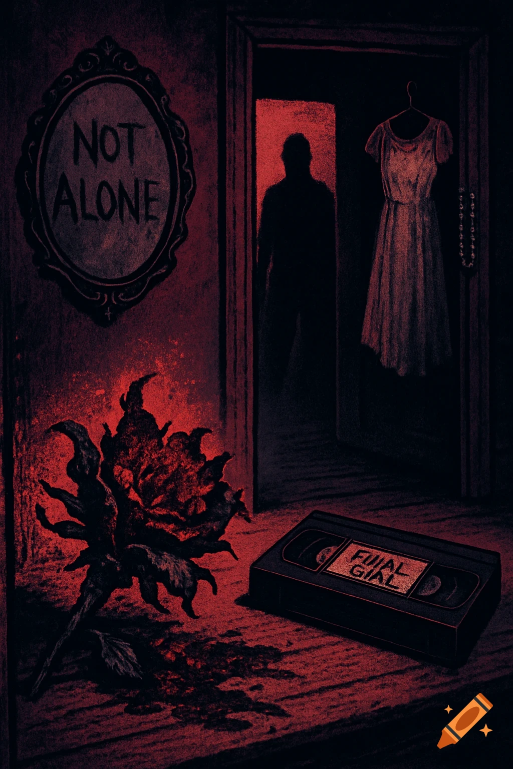 A stylized horror scene in red and black, featuring a silhouette in a doorway, a mirror with "NOT ALONE" text, a decaying flower, and a VHS tape.