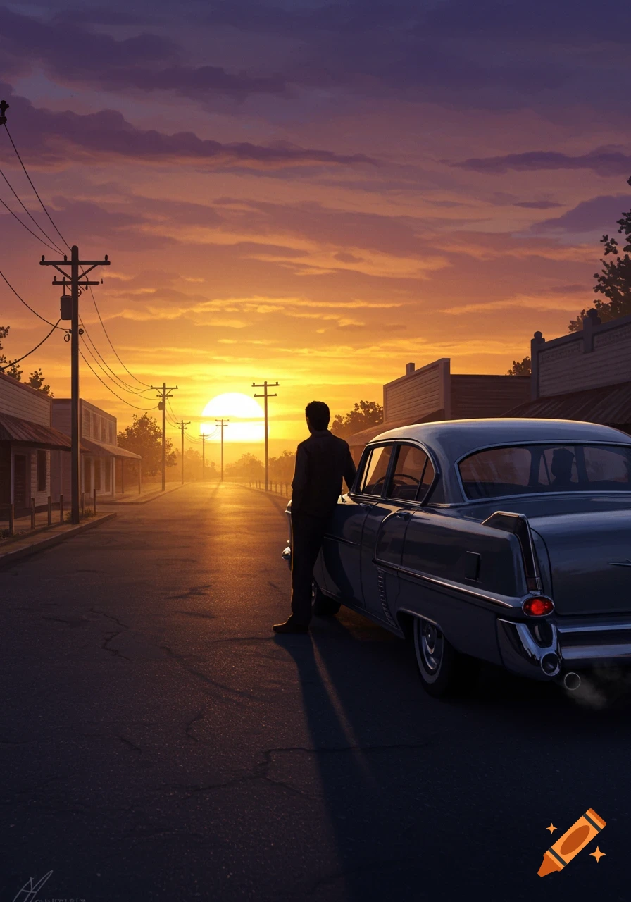 A lone man stands next to a vintage car on an empty street at sunset, looking into the distance as if leaving town.