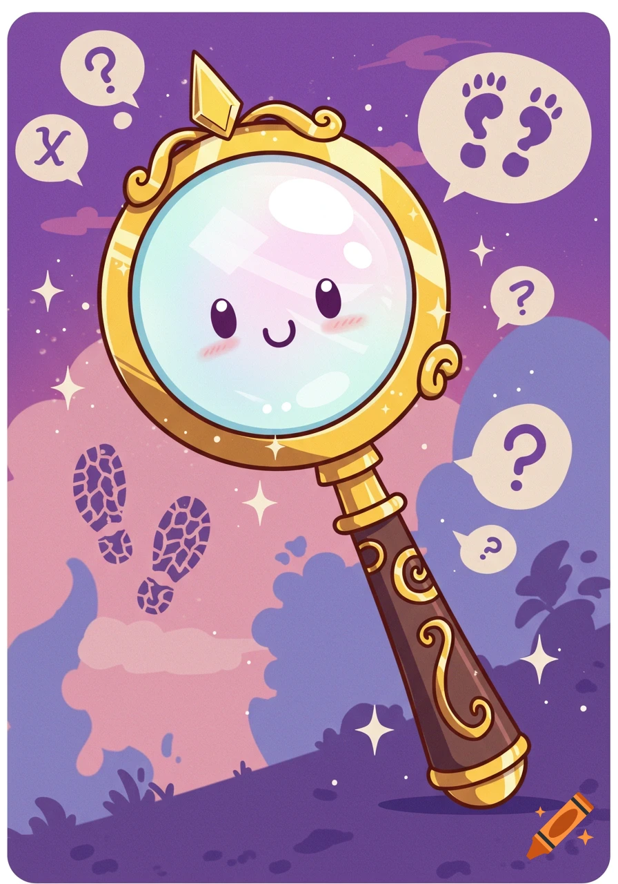 A cute, smiling cartoon magnifying glass with a golden frame, surrounded by sparkling stars, question marks, and footprints, on a vibrant purple and pink background.