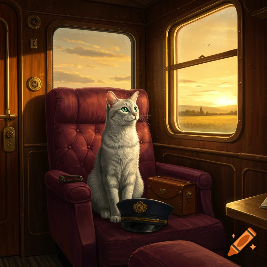 A grey cat with green eyes sits on a red armchair in a luxurious train car, gazing out a window at a sunset landscape. A conductor's hat rests on the chair.