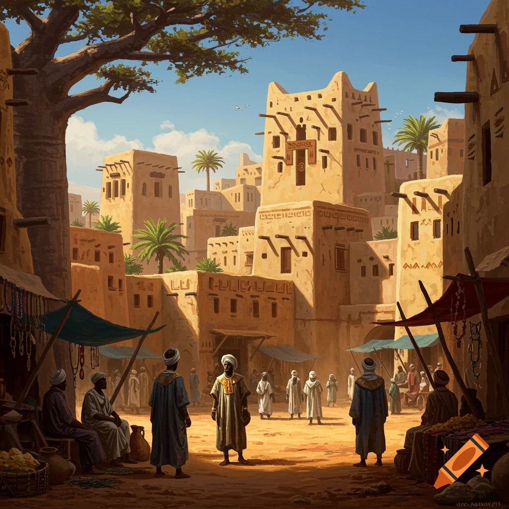 A vibrant illustration of a 15th-century West African city, featuring ochre adobe buildings, a bustling marketplace with people, and a large tree.