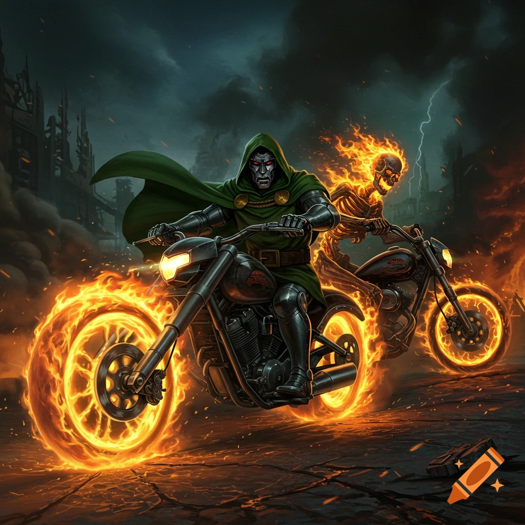 Doctor Doom and a flaming skeleton ride matching motorcycles with fiery wheels through a dark, stormy, ruined city.