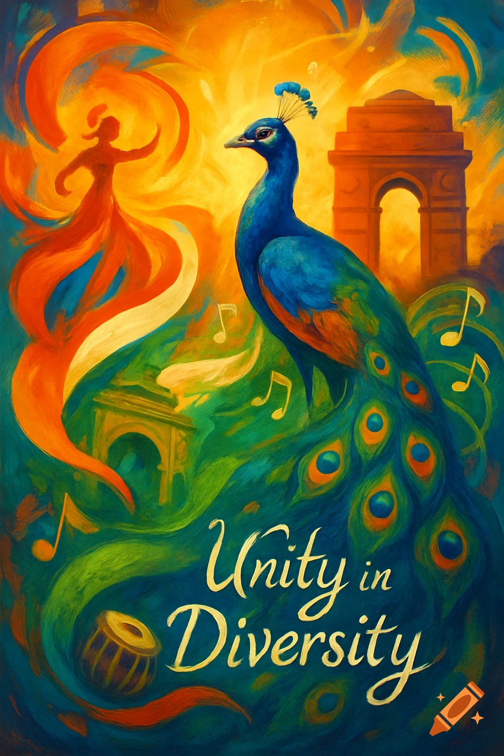 A vibrant, expressive painting depicting a peacock, a dancing figure, musical notes, and the India Gate with the text 'Unity in Diversity'.