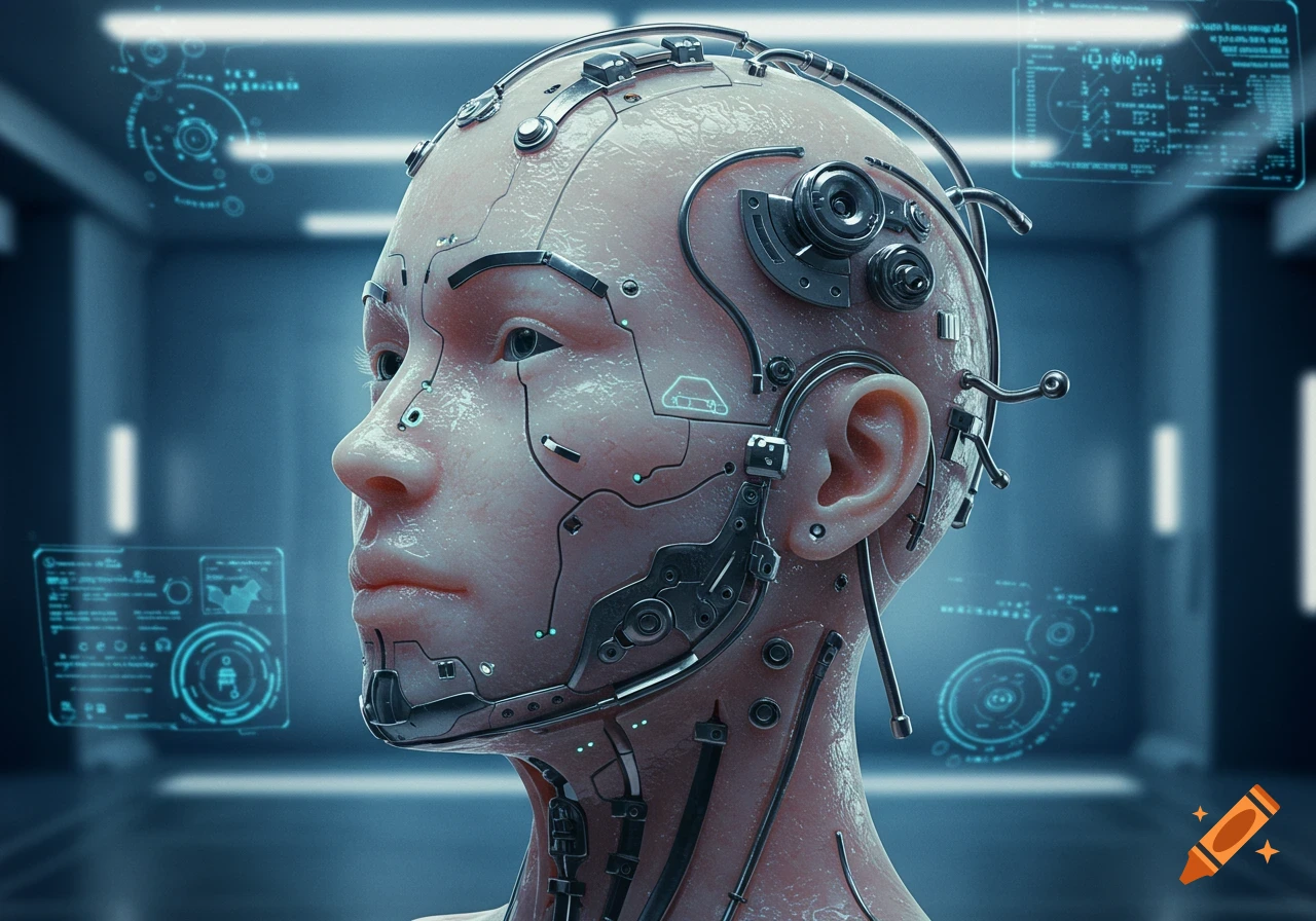 Close-up of a detailed biomechanical human head with visible circuits and metallic parts, in a futuristic setting with holographic displays.