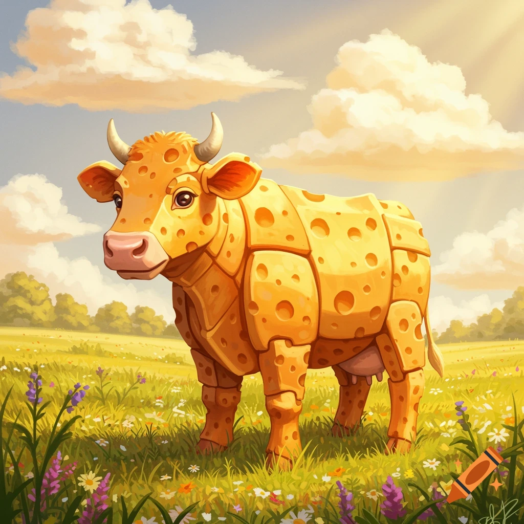 A cartoon-style cow made of cheese stands in a vibrant green field with colorful flowers under a sunny, cloudy sky.