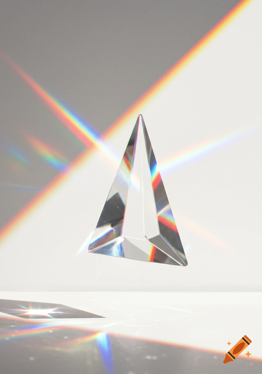 A clear glass triangular prism refracts light into colorful spectrums on a bright white background.