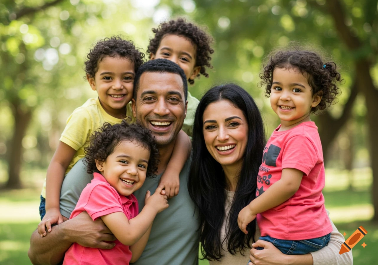 A cheerful Egyptian family, including a man, woman, and four young children, smiling and embracing outdoors with a natural green background.