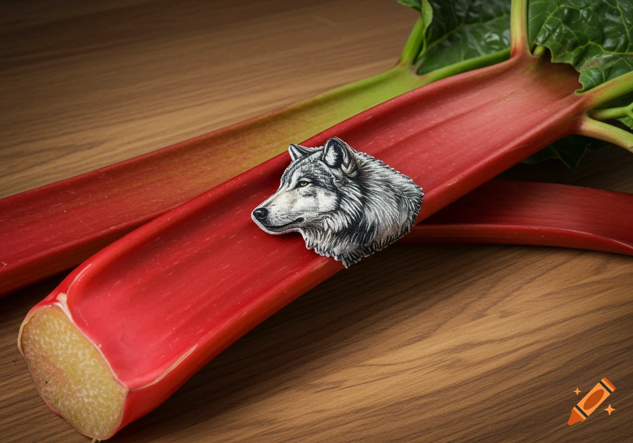A gray wolf patch sits on a red rhubarb stalk on a wooden surface.