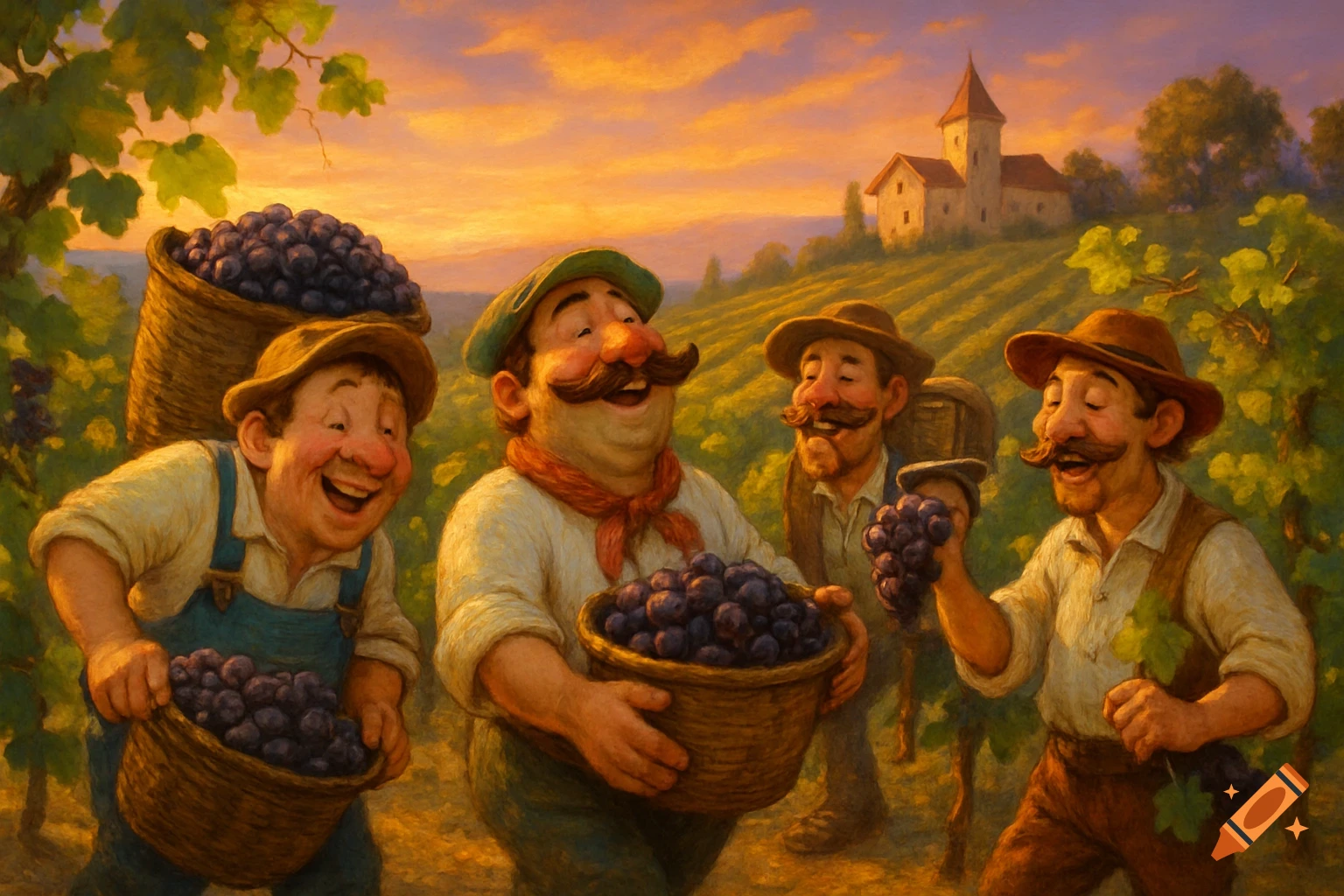 Four cheerful men with moustaches harvest grapes in a sunlit vineyard, holding baskets of fruit, with a building on a hill in the background. Painted in an oil style.