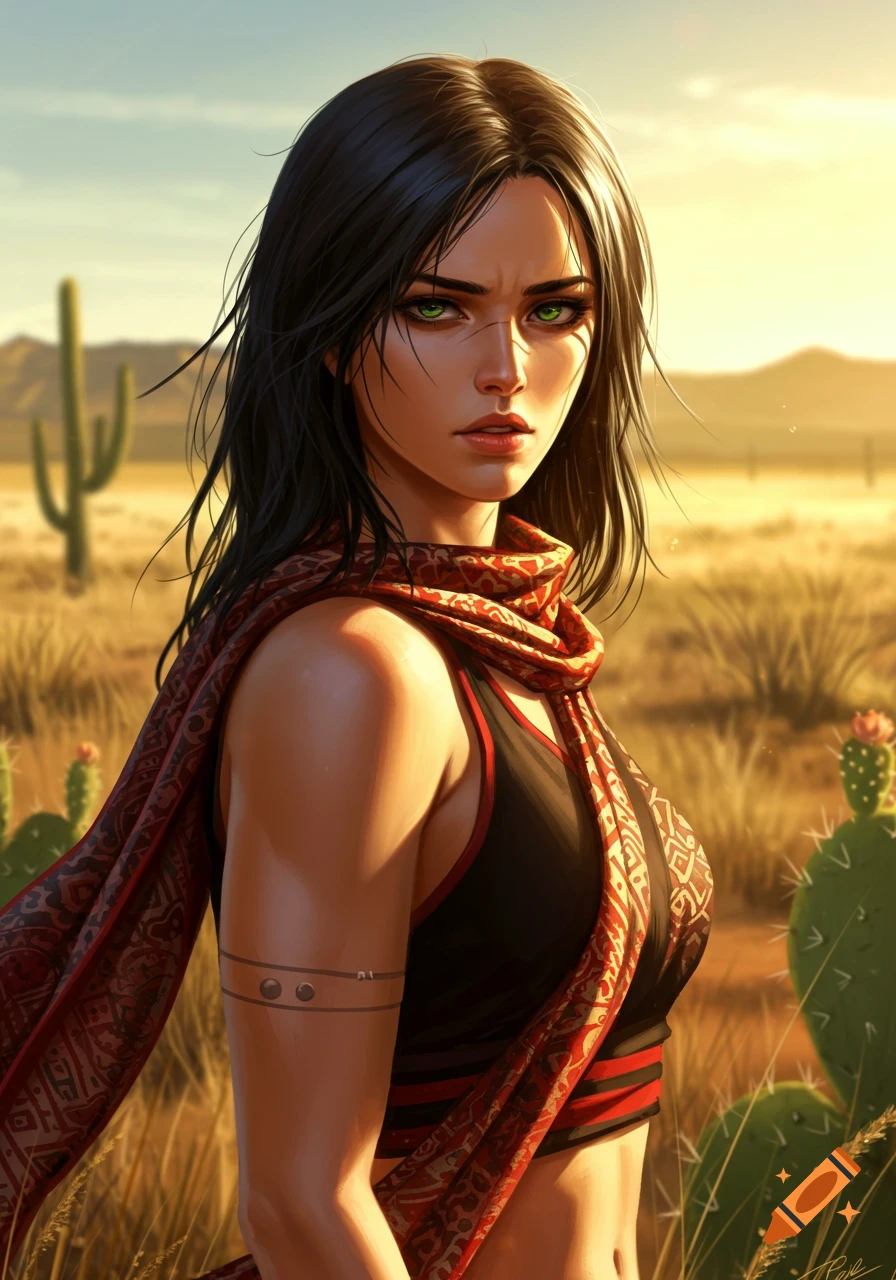 A digital art portrait of a determined woman with dark hair and green eyes, wearing black and red, standing in a sunlit desert with cacti.