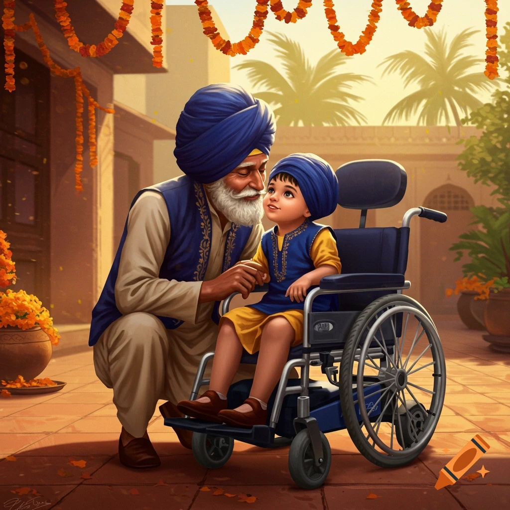 An elderly Punjabi man in a blue turban kneels beside a child in a wheelchair, holding their hand under orange flower garlands.