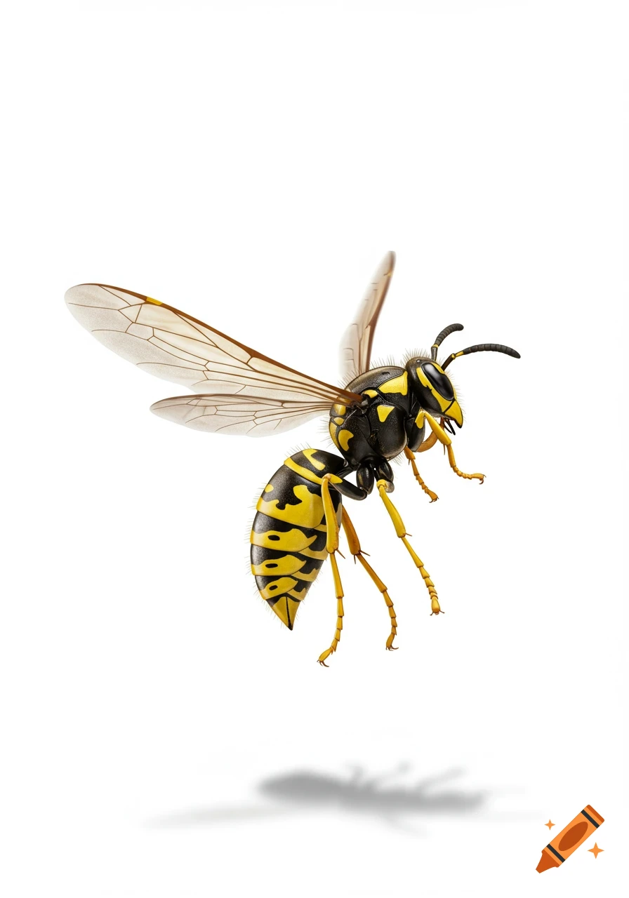 Photorealistic illustration of a black and yellow wasp in flight against a white background.