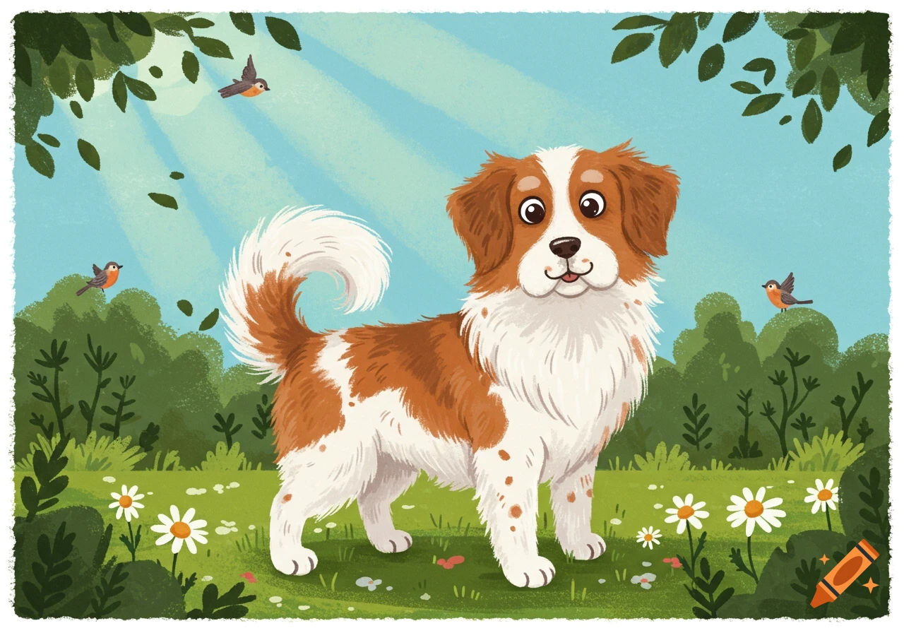 A cute brown and white dog stands in a sunny field with daisies and birds, in a cheerful illustration style.