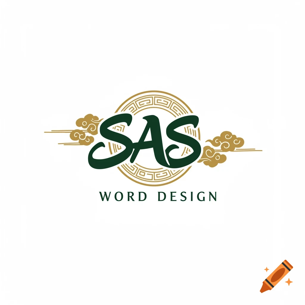 A green and gold logo for 'SAS WORD DESIGN' with a traditional Chinese-style circular pattern and clouds.