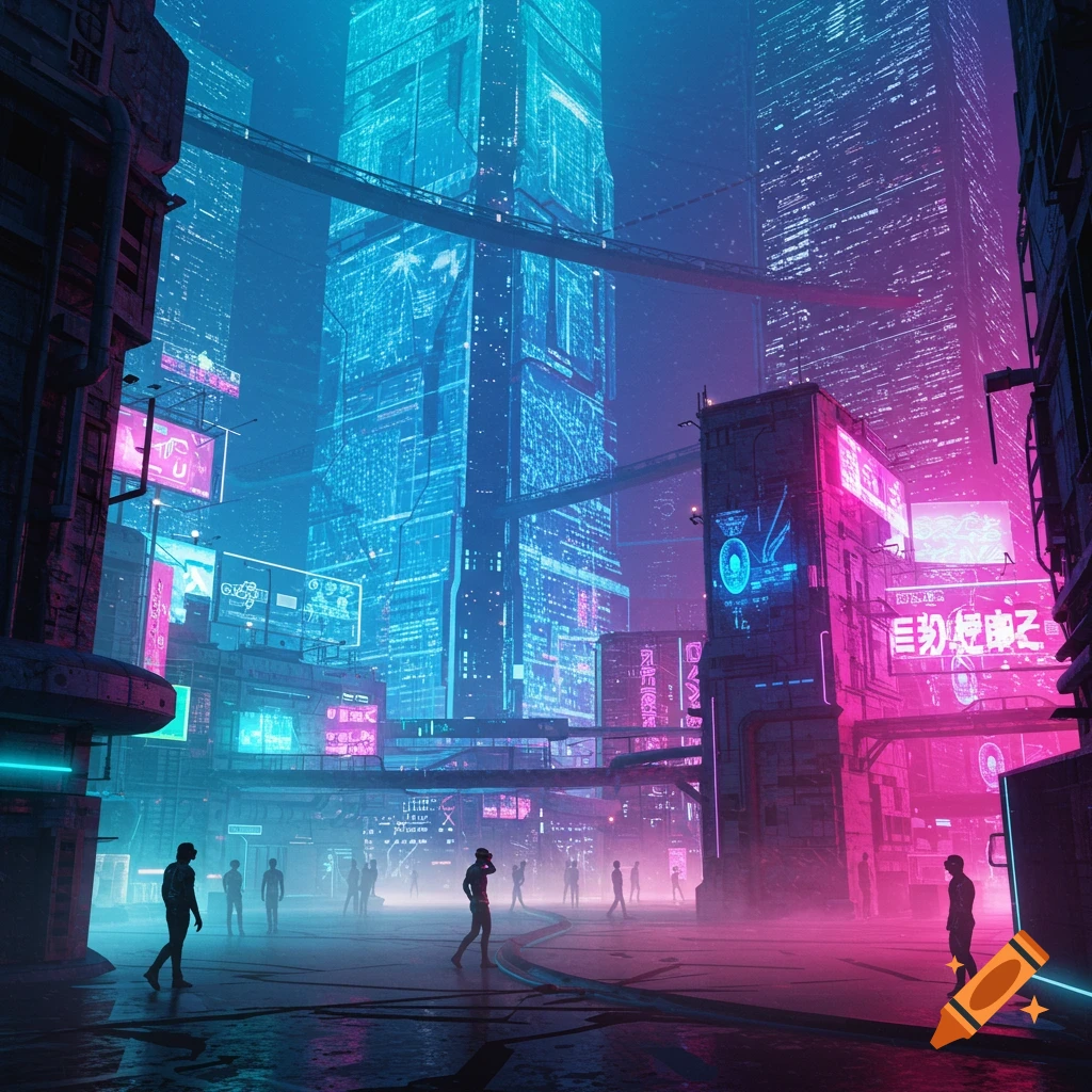 A vibrant cyberpunk city at night with towering skyscrapers, glowing blue and pink neon lights, and silhouetted figures on the misty street.