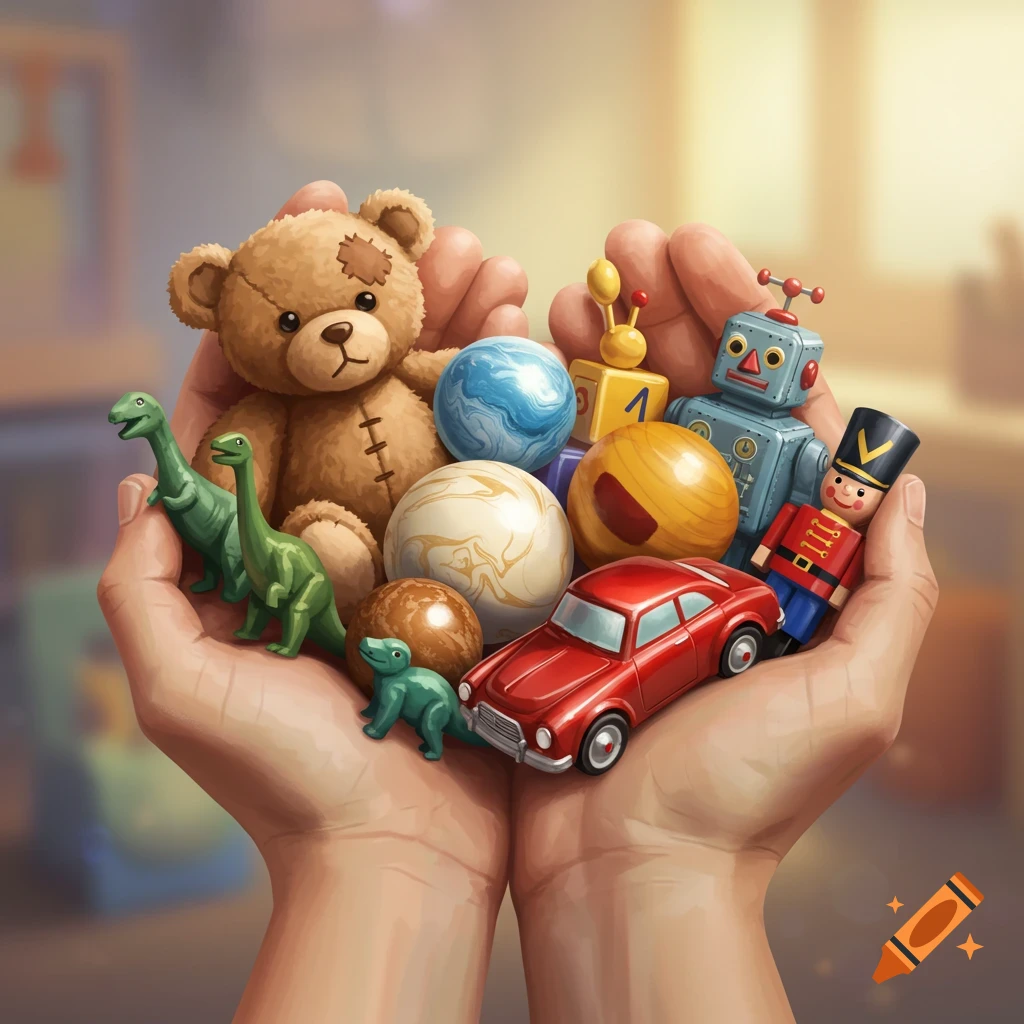 Two cupped hands hold a collection of classic toys: a teddy bear, a red car, green dinosaurs, a robot, and colorful blocks.