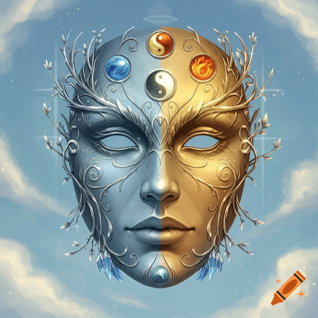 A detailed mask split in silver-blue and gold, adorned with branches, crystals, and elemental symbols, set against a cloudy sky.