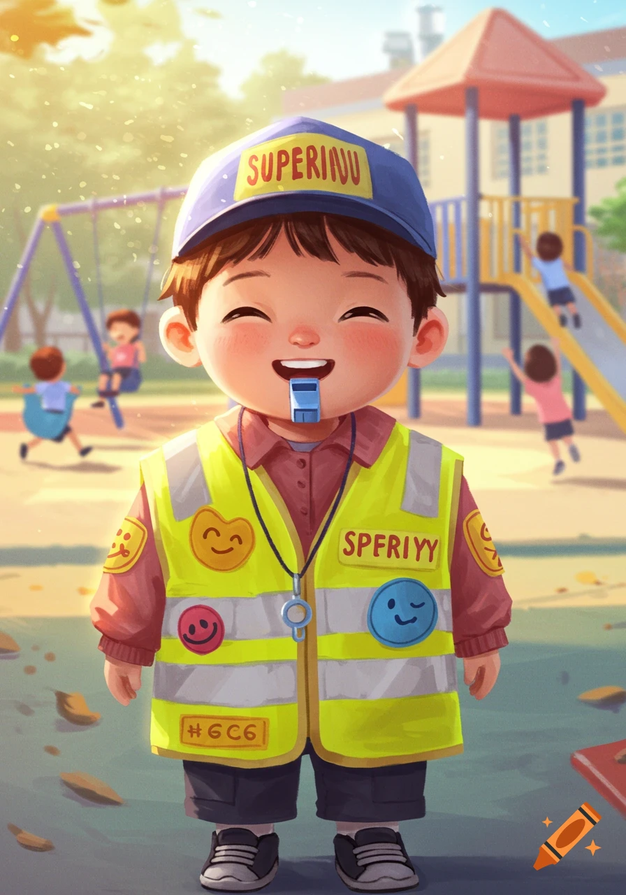A happy cartoon child wearing a blue hat and a neon yellow safety vest stands in a sunny playground with other kids playing in the background.