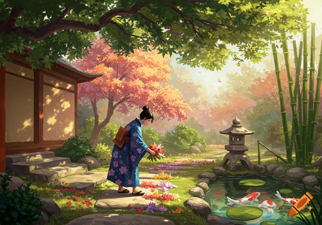 A woman in a blue kimono bends down to gather colorful flowers in a vibrant Japanese garden with koi fish, a stone lantern, and bamboo.