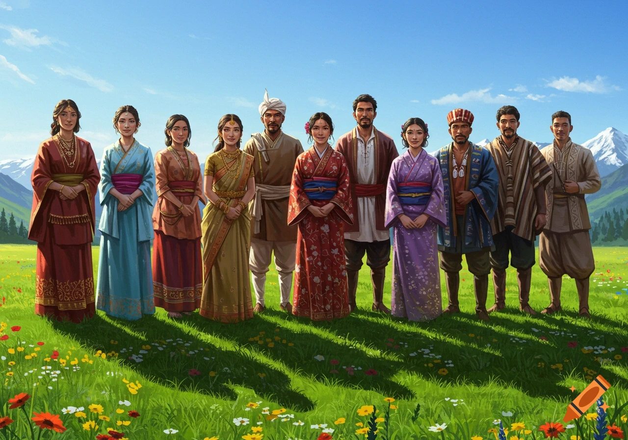A diverse group of people in various traditional attires stand in a sunny green field with mountains in the background under a blue sky.