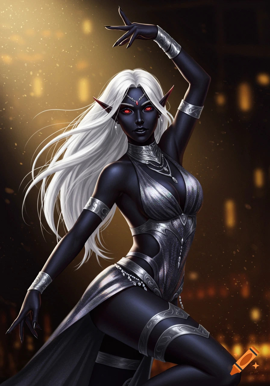 A hyper-detailed digital painting of a Drow Elf woman with dark skin, white hair, and red eyes, wearing a shimmering platinum outfit, posed mid-dance on a dimly lit stage.