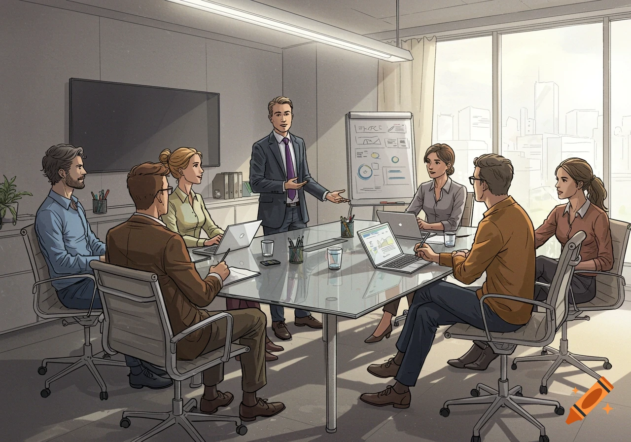 A hand-drawn illustration of a business meeting, with a man presenting to a team seated around a glass table with laptops and a whiteboard.
