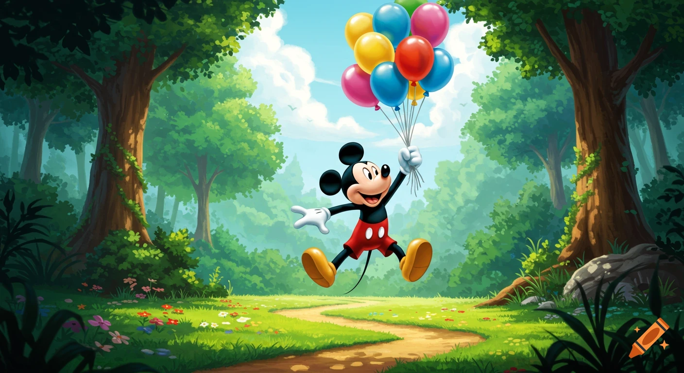 Mickey Mouse jumps in a bright green forest, holding a colorful bunch of balloons under a blue sky, in a cartoon illustration style.