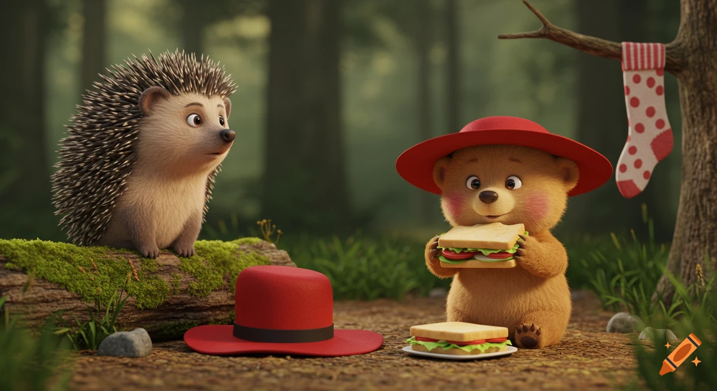 A cute hedgehog watches a bear cub in a red hat hold a sandwich, with another sandwich and a spotted sock nearby in a forest clearing.