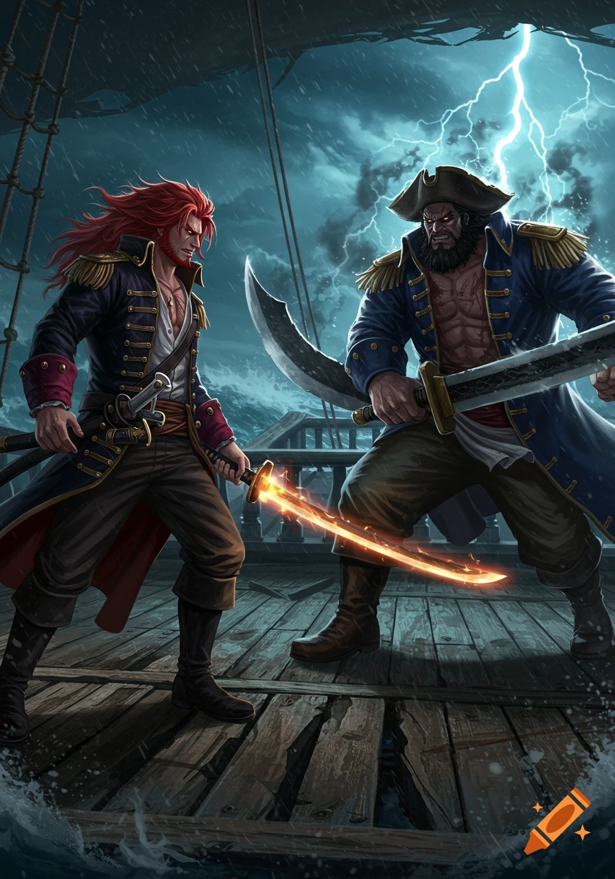 Two fierce pirates battle with glowing swords on a ship deck during a stormy night, rendered in a dramatic anime style.