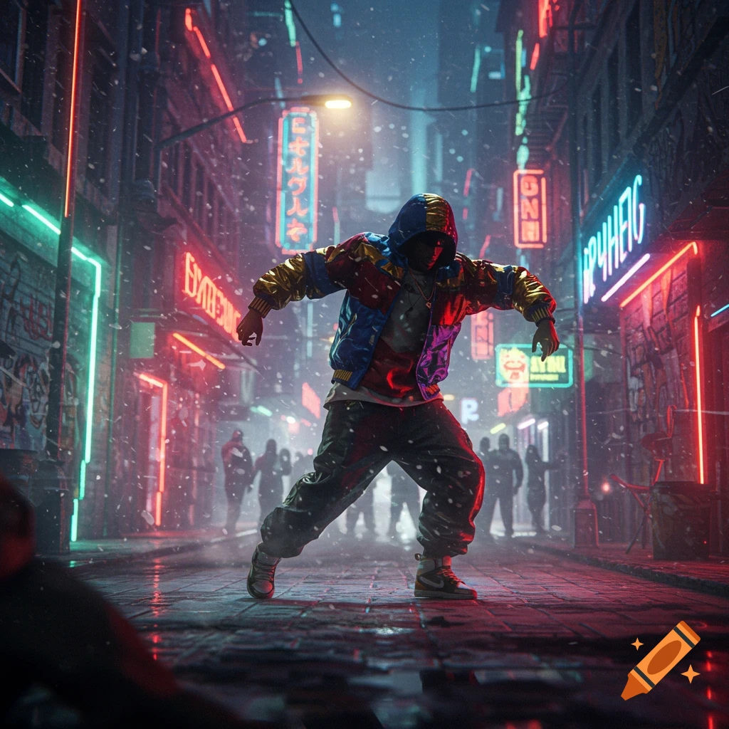 A person in a colorful jacket and hoodie dances in a neon-lit cyberpunk city street with falling snow.