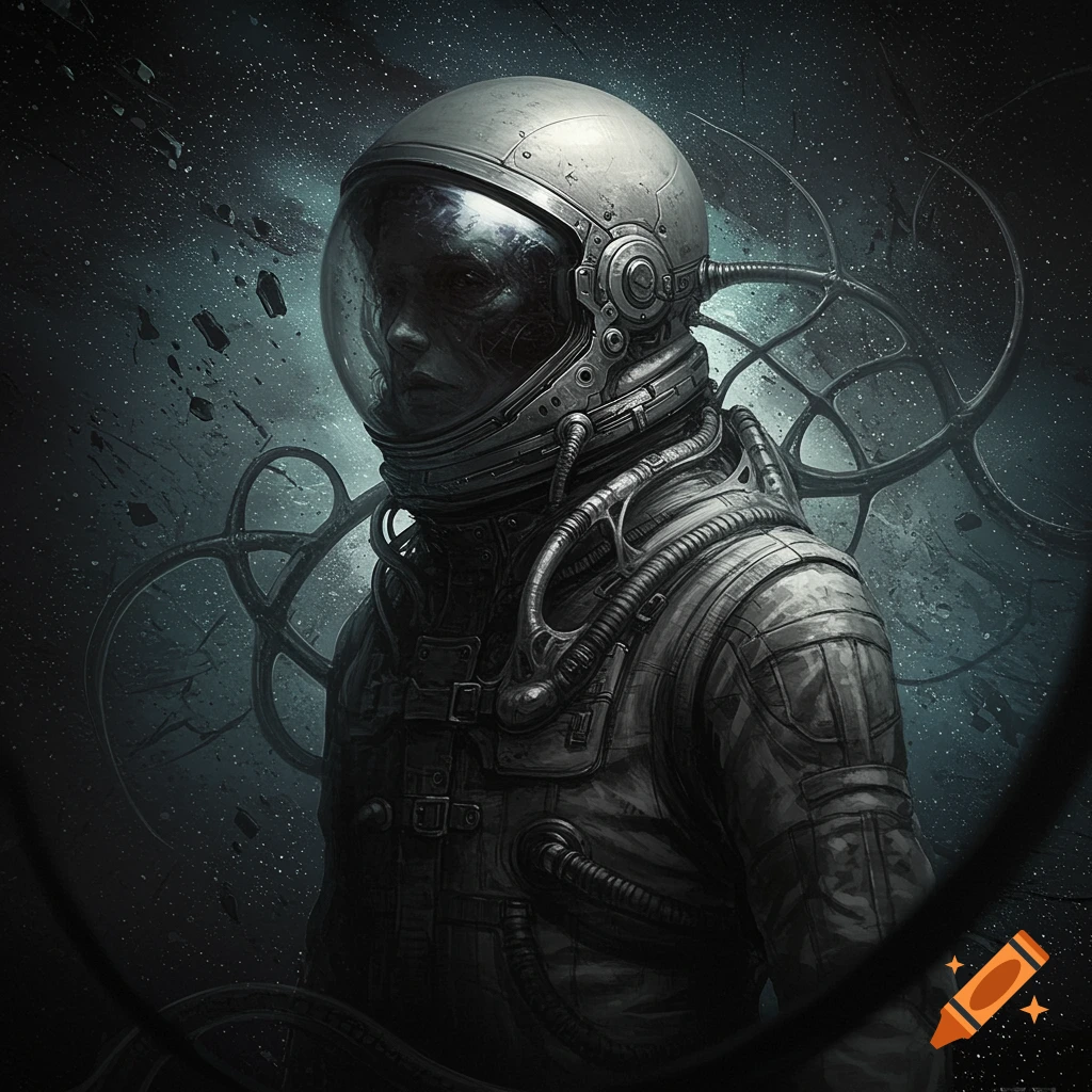 A dark, gritty, biomechanical illustration of an alien spaceman in a detailed suit against a dark, cosmic background.