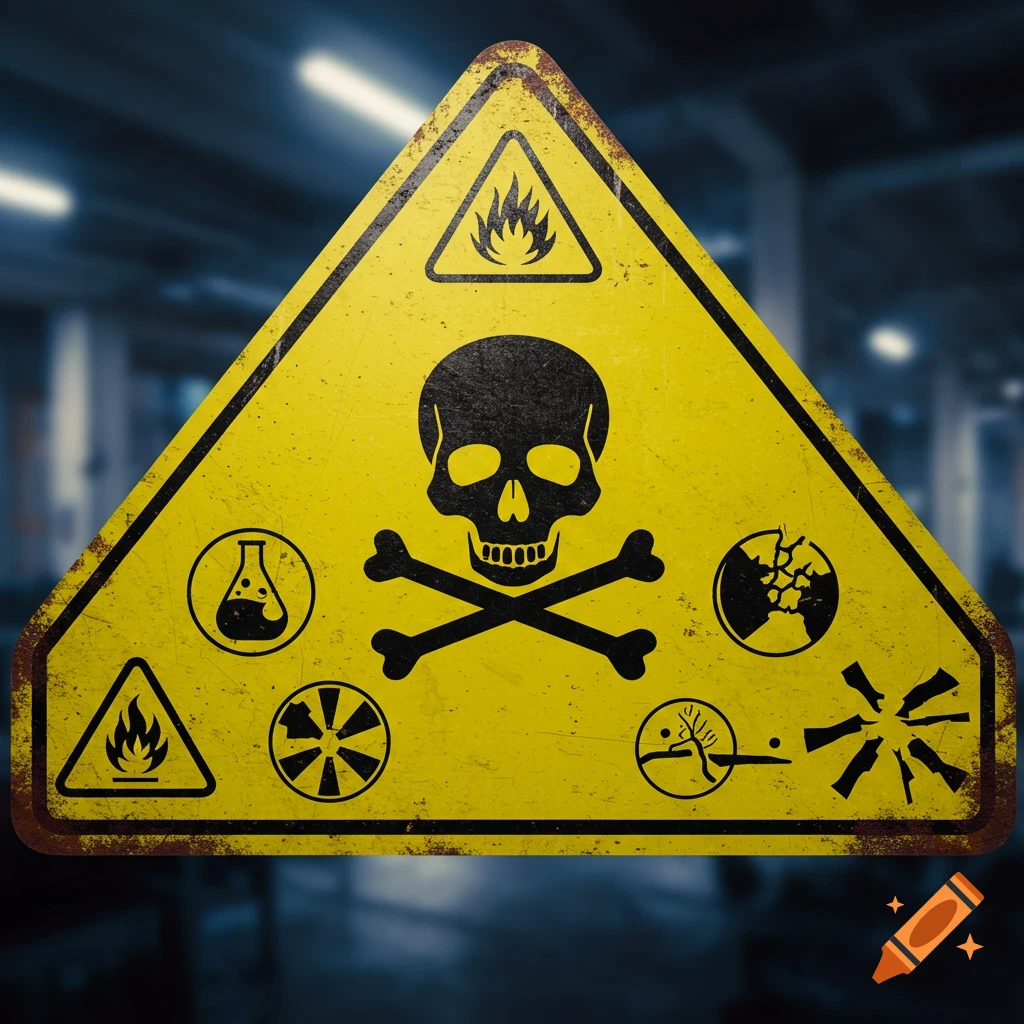 A weathered yellow triangular hazard sign featuring a skull and crossbones, fire, chemical, and other danger symbols, on a dark industrial background.