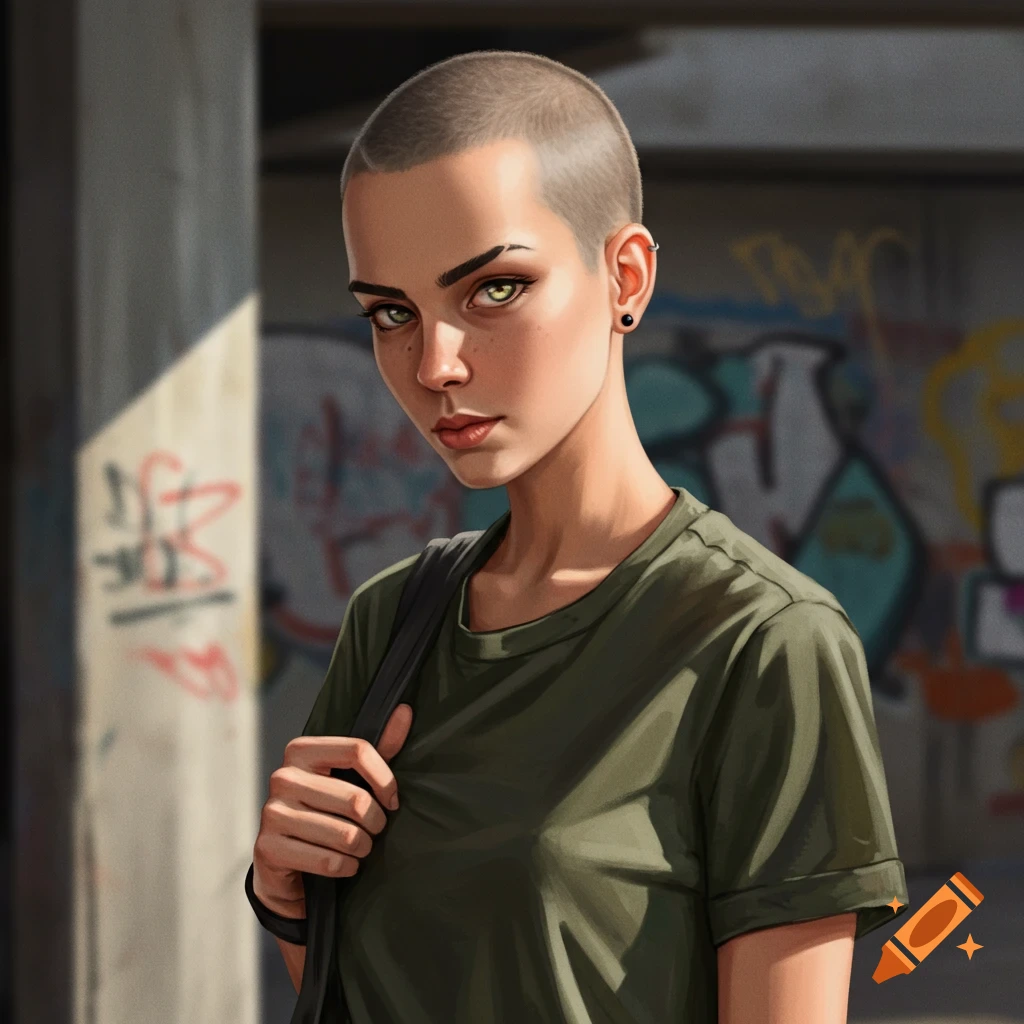 A digital art portrait of a person with a shaved head and green eyes, wearing a green t-shirt, standing in an urban setting with graffiti.