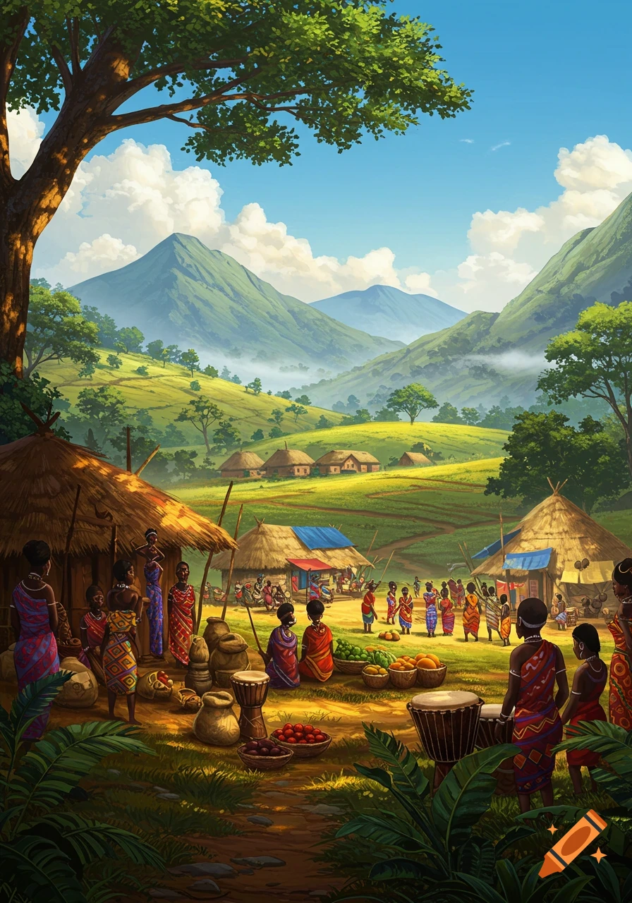 A vibrant illustration of an African village market scene with people, huts, and lush green mountains.