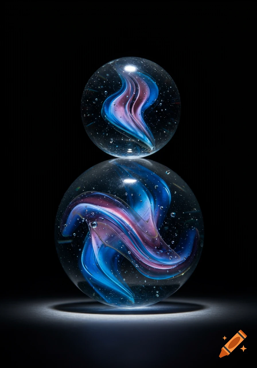 Two glass marbles, one smaller on top of a larger one, both with swirling blue and purple patterns and small bubbles, illuminated from below against a dark background.