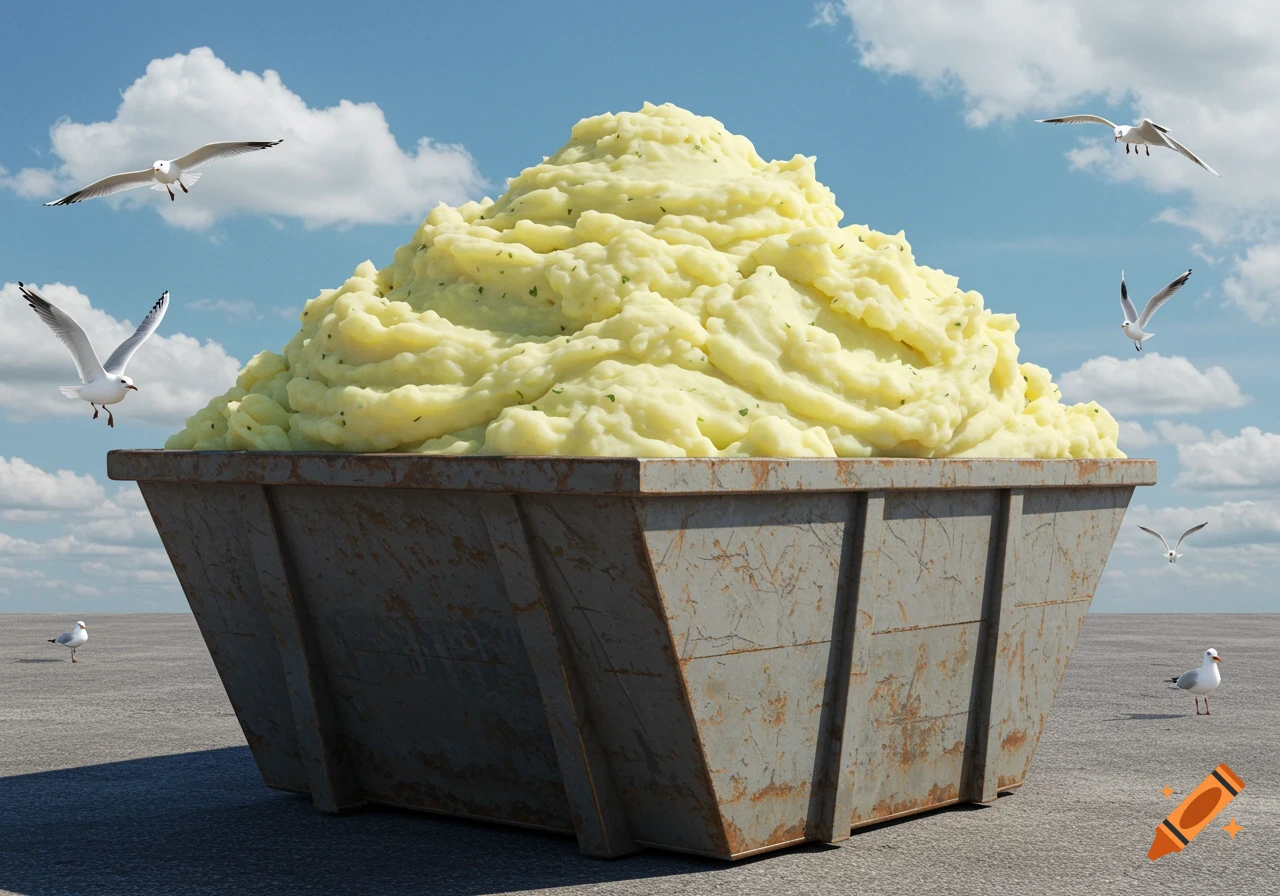 A huge pile of mashed potatoes overflowing a rusty dumpster, with seagulls flying and standing nearby under a blue sky.