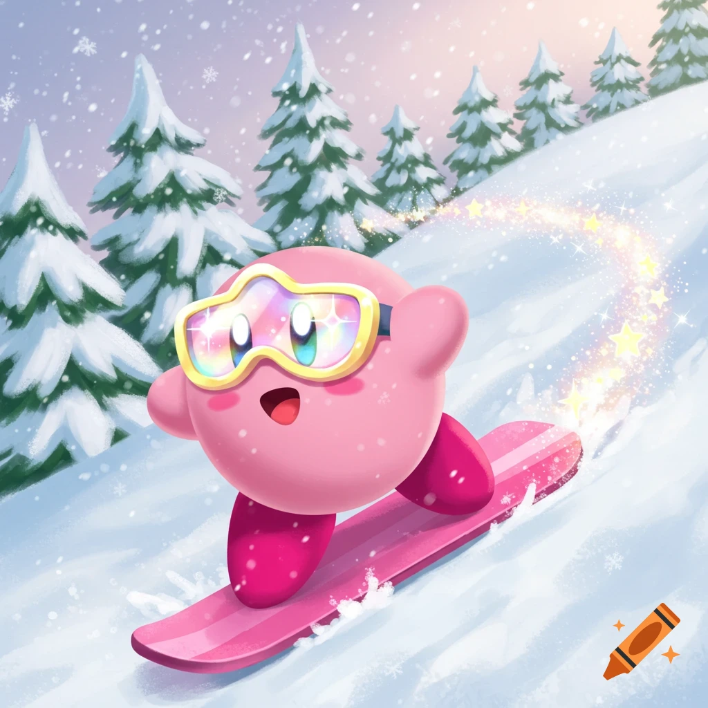 Kirby snowboarding down a snowy hill, wearing star-shaped goggles, with snow-covered trees in the background.