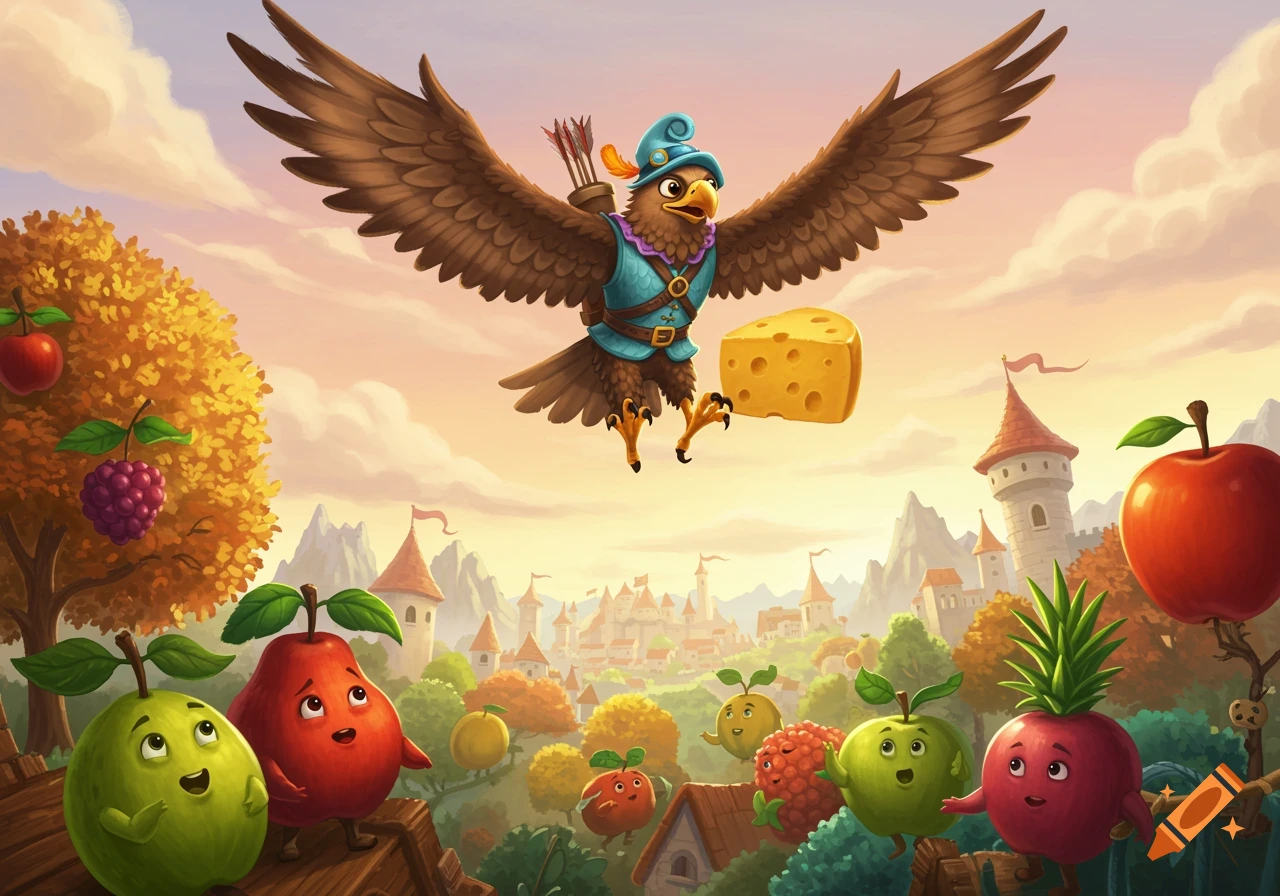 Whimsical cartoon eagle with bow and arrow flies over a fruit kingdom, carrying cheese, as anthropomorphic fruits watch.