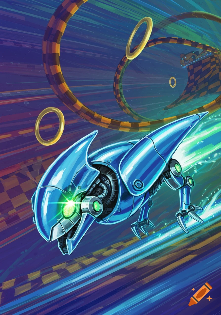 A blue, sleek robot with glowing green eyes speeds through a colorful, abstract tunnel with golden rings, in a style reminiscent of Sonic the Hedgehog.