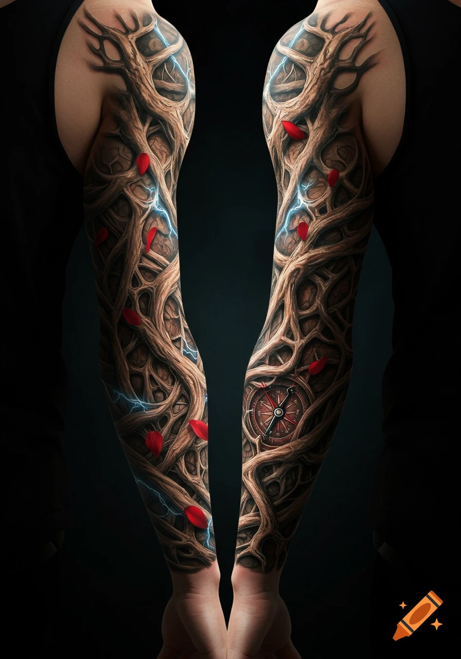 Two arms with full sleeve tattoos depicting intricate root-like patterns, blue lightning, red petals, and a detailed compass.
