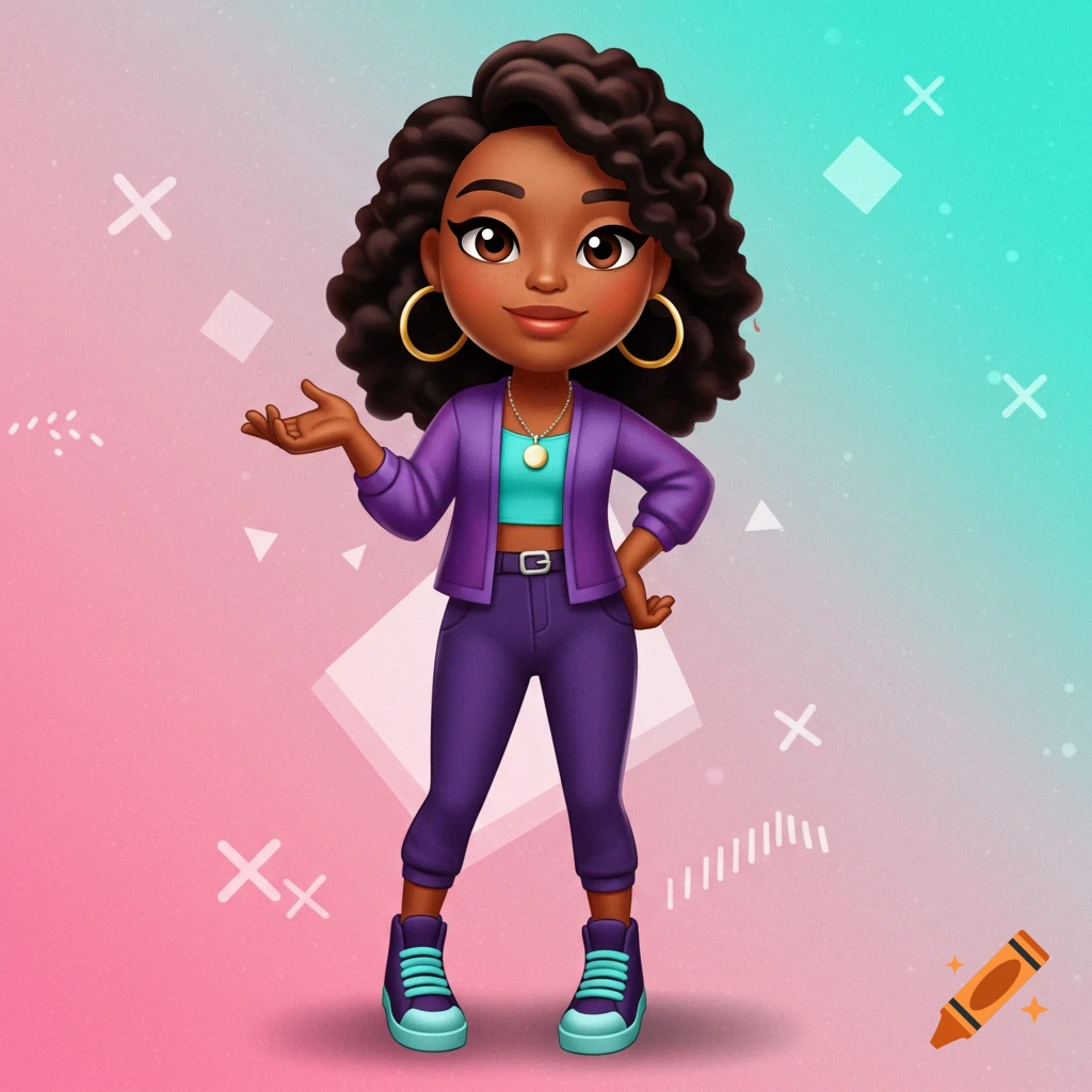 A cartoon female character with dark skin and curly hair, wearing a purple jacket and teal top, poses against a gradient background.