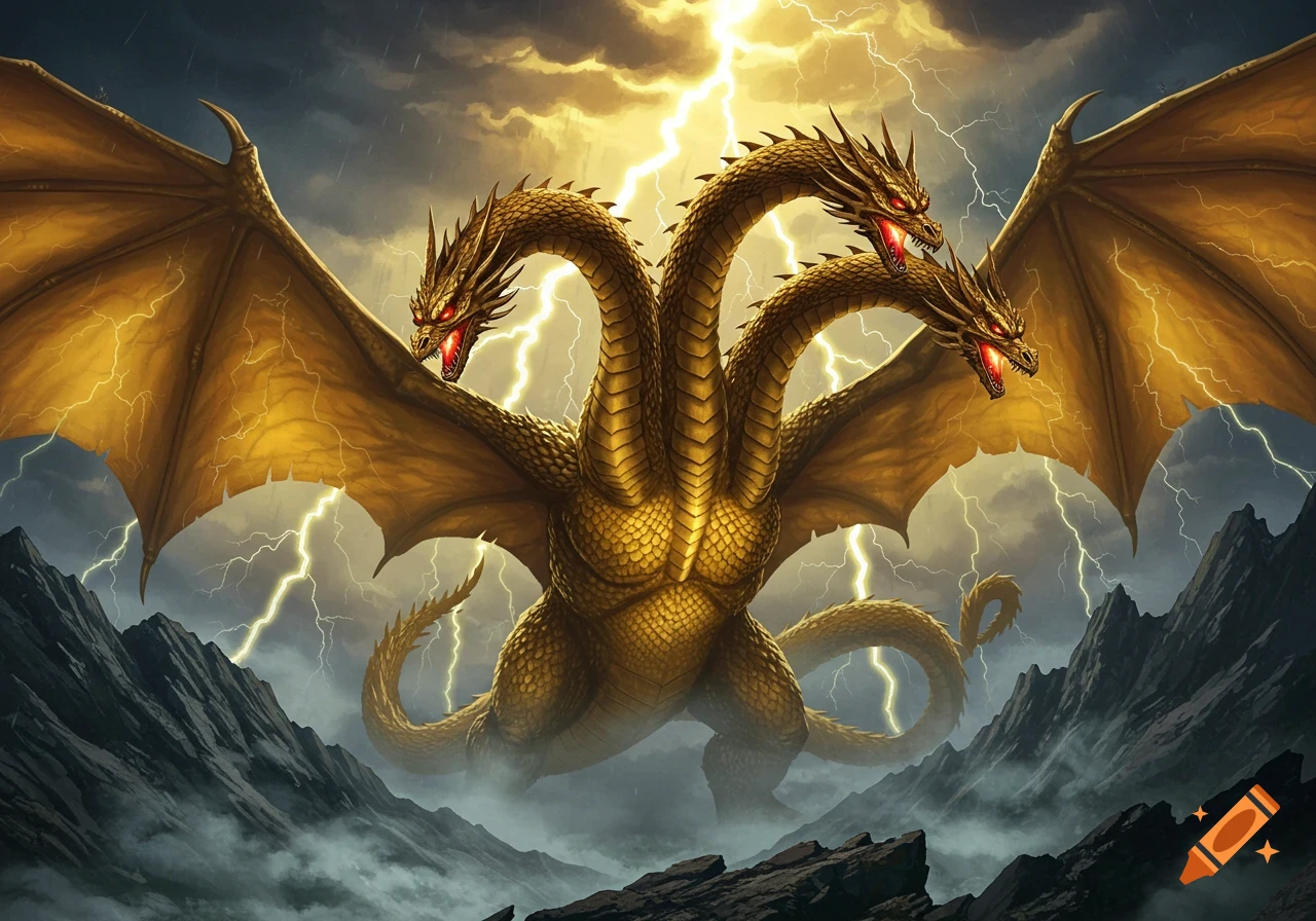 Golden three-headed dragon King Ghidorah stands in a stormy mountainous landscape with bright lightning flashes. Digital painting.